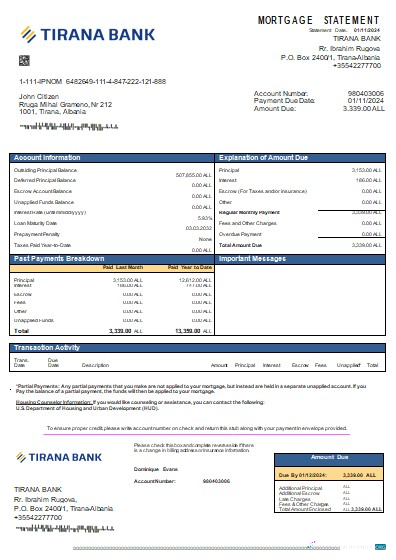 Download Albania Tirana bank mortgage statement scr Photoshop template